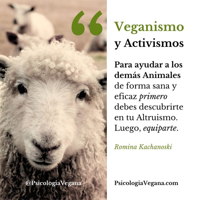 Veganismo y Activismos. Para ayudar a los demás Animales de forma sana y eficaz primero debes descubrirte en tu Altruismo. Luego, equiparte. Romina Kachanoski, Psicología Vegana, PsicologiaVegana.com.